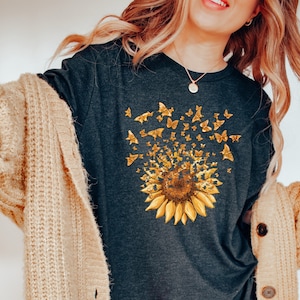 Sunflower Butterfly Shirt, Butterfly Tee, Mothers Day Gift Shirt, Sunflower Shirt, Floral V-neck, Flowers Gift T-shirt, Botanical Tee,Flower