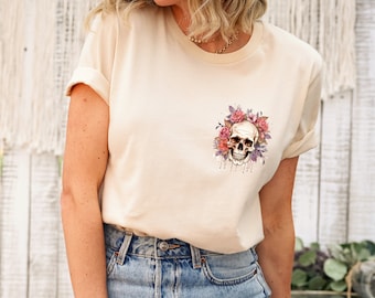 Floral Skull Shirt, Flower Skull TShirt, Gobblincore Boho Graphic Tee, Bloom Skull Fall Halloween Shirt, Oversized Witchy Botanical Skeleton