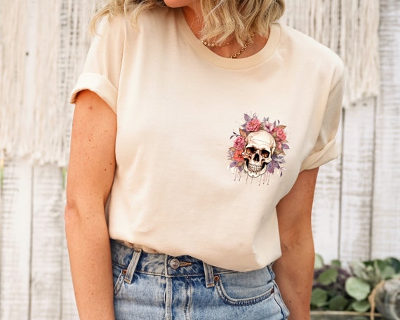 Floral Skull Shirt, Flower Skull TShirt, Gobblincore Boho Graphic Tee, Bloom Skull Fall Halloween Shirt, Oversized Witchy Botanical Skeleton