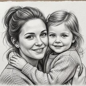 以下が含まれることがあります： 質感のある紙に描かれた黒と白のグラファイト鉛筆画で、抱き合う大人と幼い子供の肖像画。大人は髪をシニヨンにまとめ、子供は小さなヘアクリップをつけており、二人とも質感のあるセーターを着用している。