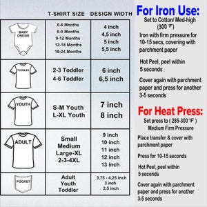 Puede incluir: Un gr&aacute;fico que detalla las tallas de camisetas y los anchos de dise&ntilde;o en pulgadas, desde bodies de beb&eacute; hasta tallas de adulto. Incluye instrucciones para aplicaciones con plancha y prensa t&eacute;rmica, especificando temperaturas y tiempos.