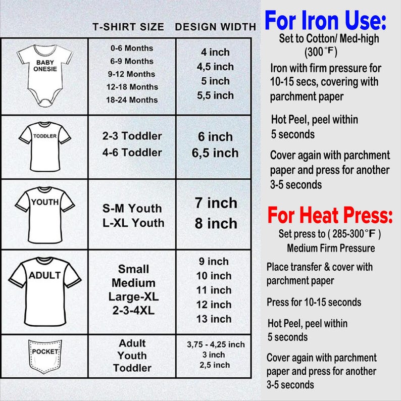 Puede incluir: Un gr&aacute;fico que detalla las tallas de camisetas y los anchos de dise&ntilde;o en pulgadas, desde bodies de beb&eacute; hasta tallas de adulto. Incluye instrucciones para aplicaciones con plancha y prensa t&eacute;rmica, especificando temperaturas y tiempos.