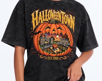 Halloween Town Pumpkin Premium Graphic T-Shirt, Unisex Black Acid Wash Tee with Gold Lettering
