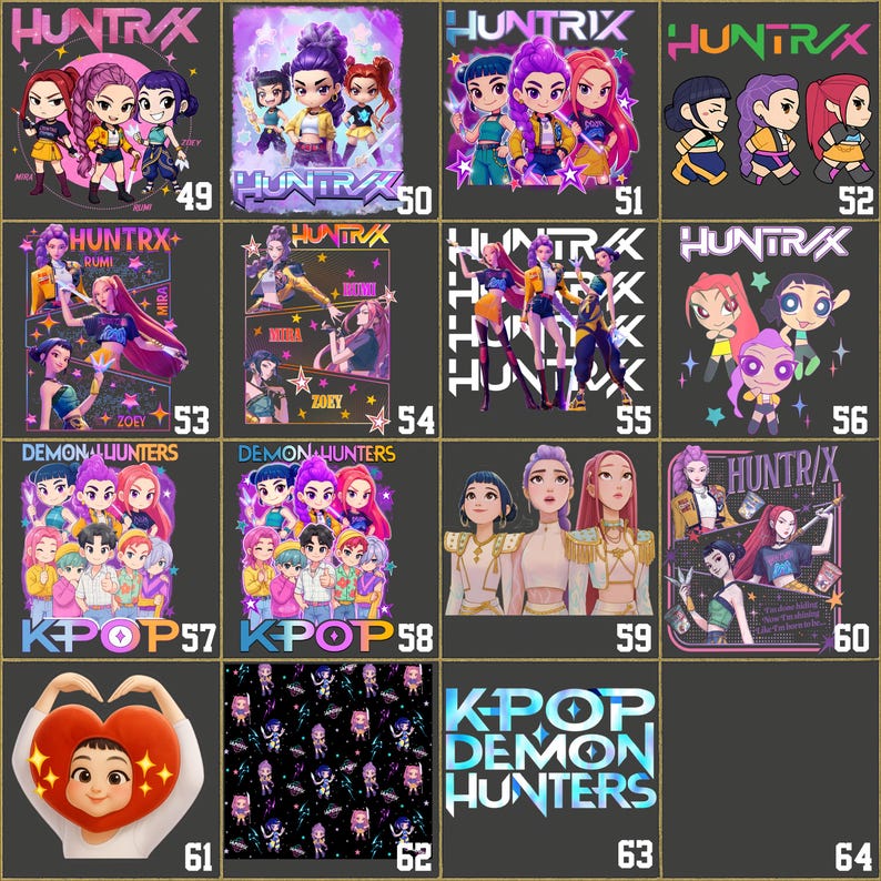 Puede incluir: Una colecci&oacute;n de dise&ntilde;os gr&aacute;ficos con ilustraciones estilizadas de grupos y personajes de K-Pop. Los dise&ntilde;os incluyen el texto "HUNTRX" y "KPOP DEMON HUNTERS" en varios colores y fuentes. Algunos dise&ntilde;os presentan n&uacute;meros.