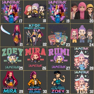 Puede incluir: Una colecci&oacute;n de arte digital con K-Pop Demon Hunters. Las im&aacute;genes muestran varios personajes y grupos con colores vibrantes y dise&ntilde;os estilizados. Cada imagen tiene una composici&oacute;n &uacute;nica, con texto como "ZOEY", "MIRA" y "RUMI".