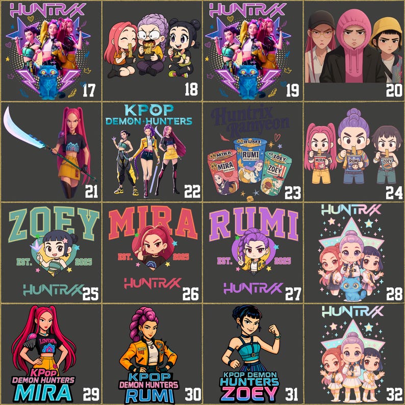 Puede incluir: Una colecci&oacute;n de arte digital con K-Pop Demon Hunters. Las im&aacute;genes muestran varios personajes y grupos con colores vibrantes y dise&ntilde;os estilizados. Cada imagen tiene una composici&oacute;n &uacute;nica, con texto como "ZOEY", "MIRA" y "RUMI".