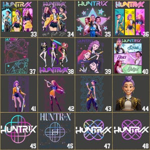 Puede incluir: Una cuadr&iacute;cula de dise&ntilde;os gr&aacute;ficos con la palabra "HUNTRIX" e ilustraciones estilizadas de mujeres en varias poses. Los dise&ntilde;os incluyen colores vibrantes como el morado, el amarillo y el azul, con n&uacute;meros del 33 al 48.