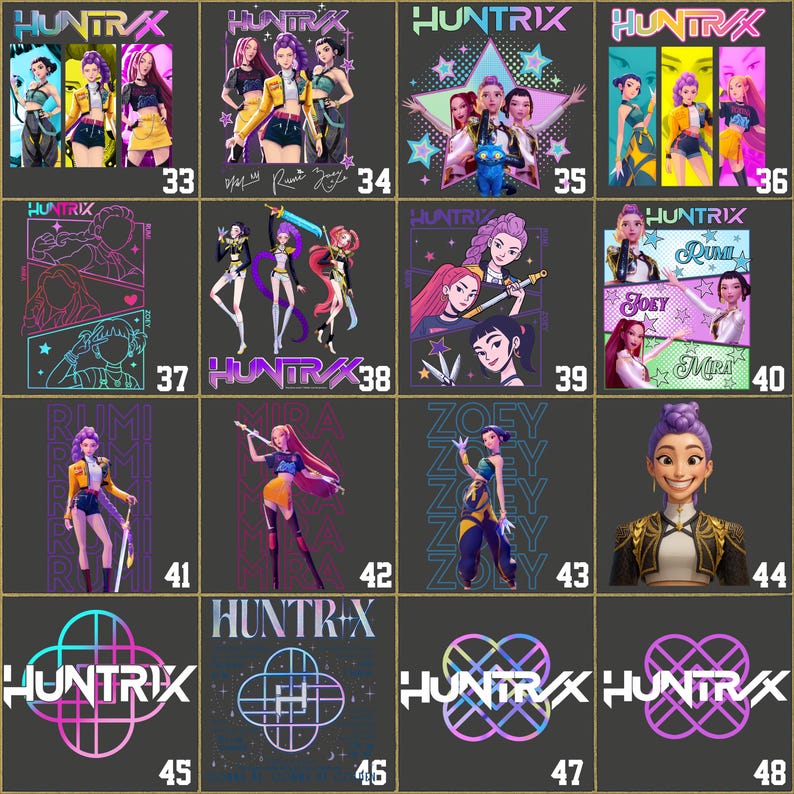 Puede incluir: Una cuadr&iacute;cula de dise&ntilde;os gr&aacute;ficos con la palabra "HUNTRIX" e ilustraciones estilizadas de mujeres en varias poses. Los dise&ntilde;os incluyen colores vibrantes como el morado, el amarillo y el azul, con n&uacute;meros del 33 al 48.
