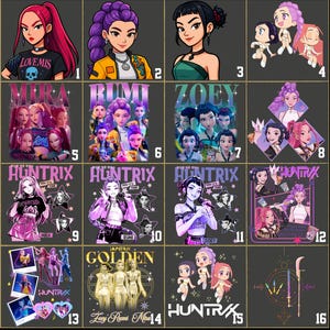 Puede incluir: Una cuadr&iacute;cula de diecis&eacute;is ilustraciones digitales con personajes femeninos estilizados. Las im&aacute;genes incluyen retratos, fotos grupales y dise&ntilde;os con texto. La paleta de colores es vibrante, con acentos rosas, morados y dorados. Algunas im&aacute;genes presentan los textos "LOVEMIS", "MIRA", "RUMI", "ZOEY", "HUNTRIX" y "GOLDEN".