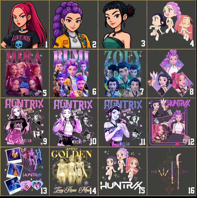 Puede incluir: Una cuadr&iacute;cula de diecis&eacute;is ilustraciones digitales con personajes femeninos estilizados. Las im&aacute;genes incluyen retratos, fotos grupales y dise&ntilde;os con texto. La paleta de colores es vibrante, con acentos rosas, morados y dorados. Algunas im&aacute;genes presentan los textos "LOVEMIS", "MIRA", "RUMI", "ZOEY", "HUNTRIX" y "GOLDEN".