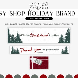 Kit per negozio Etsy di Natale, pacchetto di design del marchio personalizzabile per le feste, modelli Canva modificabili, set di banner, biglietto di ringraziamento, download digitale