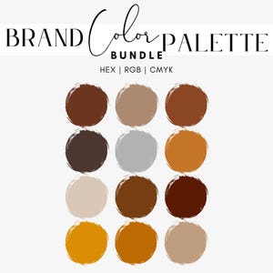 Pacchetto palette colori autunnali: sabbia, cioccolato, moka, caffè, ambra, marrone scuro, beige, argento, arancione bruciato, giallo, codici esadecimali, RGB, CMYK