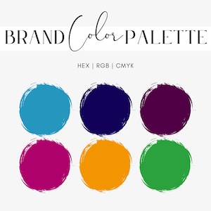 May include: A brand color palette graphic with six circular color swatches in shades of blue, purple, magenta, orange, and green. The text "BRAND Color PALETTE" is at the top, with "HEX | RGB | CMYK" below it.