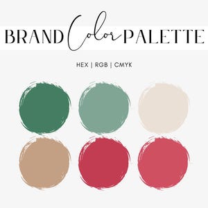 May include: A brand color palette graphic with six circular color swatches in shades of green, beige, and red. The text "BRAND Color PALETTE" is at the top, with "HEX | RGB | CMYK" below. The background is white.