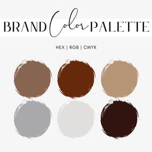 Puede incluir: Gráfico de paleta de colores de marca con el texto "BRAND Color PALETTE" en la parte superior. La paleta presenta seis muestras de color circulares en tonos de marrón, beige, gris y blanco. Se enumeran los códigos de color HEX, RGB y CMYK.