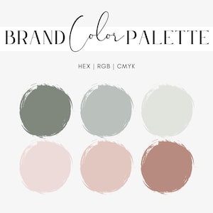 以下が含まれることがあります： 6つのカラーサンプルで構成されたブランドカラーパレット。色は、くすんだグリーン、ライトグレー、非常に薄いグレー、ライトピンク、濃いピンク、くすんだブラウンです。