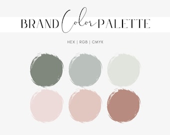 Könnte beinhalten: Grafik einer Markenfarbpalette mit sechs kreisförmigen Farbmustern in Grün-, Grau-, Rosa- und Brauntönen. Der Text "BRAND Color PALETTE" steht oben, darunter "HEX | RGB | CMYK".