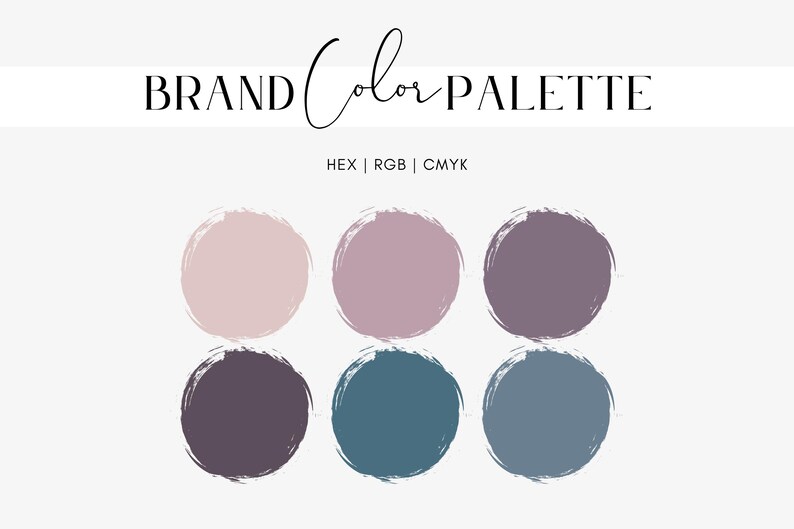 May include: A brand color palette graphic with six circular color swatches in shades of pink, purple, and blue. The text "BRAND Color PALETTE" is at the top, with "HEX | RGB | CMYK" below it.