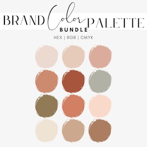 May include: A brand color palette bundle with twelve circular color swatches in shades of beige, peach, terracotta, and olive green. The text "BRAND Color PALETTE BUNDLE" is at the top, with "HEX | RGB | CMYK" below.