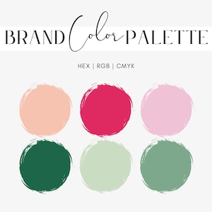 Può includere: Grafica della palette colori del marchio con il testo "BRAND Color PALETTE" in nero. La palette include sei campioni di colore circolari nelle tonalità pesca, fucsia, rosa, verde scuro, verde chiaro e verde salvia. I codici colore HEX, RGB e CMYK sono elencati.