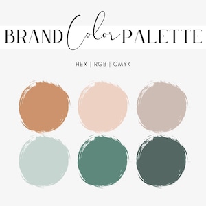 Könnte beinhalten: Eine Markenfarbpalette mit dem Text BRAND COLOR PALETTE und HEX | RGB | CMYK. Darunter befinden sich sechs kreisförmige Farbmuster in Terrakotta, hellem Pfirsich, Altrosa, blassem Salbeigrün, gedämpftem Blaugrün und dunklem Waldgrün.