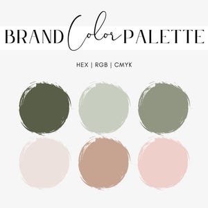 Puede incluir: Gráfico de paleta de colores de marca con el texto "BRAND Color PALETTE" en escritura negra. Seis muestras de color circulares están dispuestas en dos filas, con tonos de verde, beige y rosa. Los modos de color HEX, RGB y CMYK están listados.