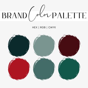May include: A brand color palette graphic with six circular color swatches in shades of dark teal, muted teal, burgundy, red, teal, and dark green. The text "BRAND Color PALETTE" is at the top, with "HEX | RGB | CMYK" below.