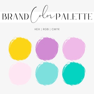 May include: A brand colour palette graphic with the text "BRAND Color PALETTE" above six colourful circles. The circles are yellow, purple, pink, light pink, turquoise, and teal. The text "HEX | RGB | CMYK" is below the main text.