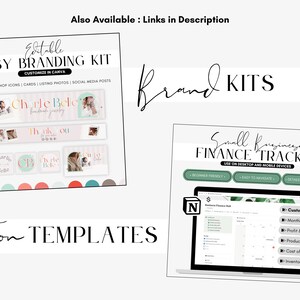 May include: An Etsy branding kit and small business finance tracker are displayed. The branding kit includes banners, shop icons, and social media posts. The finance tracker is for desktop and mobile devices.