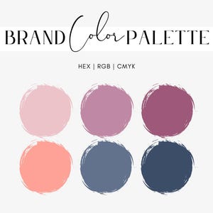 May include: A brand colour palette with six colour swatches. The colours are pink, purple, burgundy, coral, blue, and navy blue. The text "BRAND Color PALETTE" is at the top of the image. The text "HEX | RGB | CMYK" is below the colour swatches.