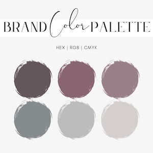 May include: A brand color palette with six color swatches. The colors are a dark gray, a light gray, a medium gray, a dark mauve, a light mauve, and a medium mauve.