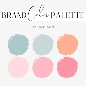 以下が含まれることがあります： ブランドカラーパレット。円形のカラーサンプルが6つあります。色はライトブルー、ライトグリーン、ピーチ、ライトピンク、ピンク、コーラルです。