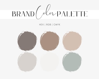 May include: A brand color palette graphic with the text "BRAND Color PALETTE" in black. The palette features six circular color swatches in shades of brown, beige, and green, with their reflections below. The color codes HEX, RGB, and CMYK are listed.