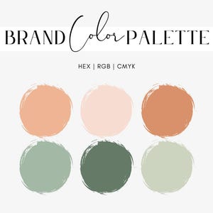 Pode incluir: Gráfico de paleta de cores da marca com o texto "BRAND Color PALETTE" em preto. A paleta inclui seis círculos em tons de pêssego, rosa, verde e verde-oliva. O texto "HEX | RGB | CMYK" está abaixo.