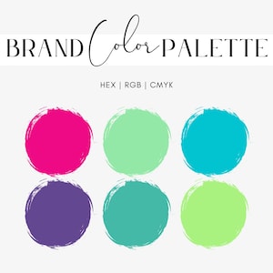 May include: Brand color palette with six color swatches. The colors are pink, green, turquoise, purple, teal, and lime green.
