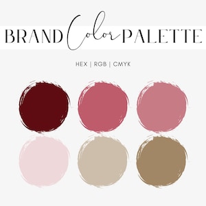 May include: Brand colour palette with six colour swatches. The colours are burgundy, pink, light pink, beige, and brown.