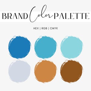 May include: A brand color palette graphic with the text "BRAND Color PALETTE" above six circular color swatches. The swatches include shades of blue, light blue, tan, and brown. The graphic also includes the text "HEX | RGB | CMYK".