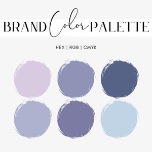May include: A brand colour palette with six colour swatches. The colours are a light purple, a medium purple, a dark purple, a light blue, a medium blue, and a dark blue.