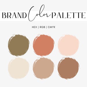 May include: A brand color palette graphic with six circular color swatches in shades of olive green, coral, and beige. The text "BRAND Color PALETTE" is at the top, with "HEX | RGB | CMYK" below it.