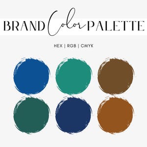 Puede incluir: Gráfico de paleta de colores de marca con seis muestras de color circulares en tonos de azul, verde y marrón. El texto "BRAND Color PALETTE" está en la parte superior, con "HEX | RGB | CMYK" debajo.