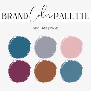 May include: A brand color palette graphic with six circular color swatches in shades of teal, gray, pink, burgundy, brown, and blue. The text "BRAND Color PALETTE" is at the top, with "HEX | RGB | CMYK" below.