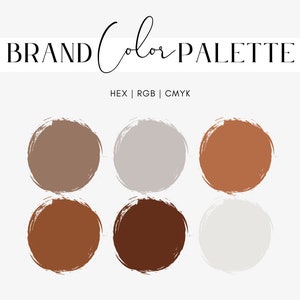 Può includere: Palette di colori del marchio con sei campioni di colore. I colori sono marrone, marrone chiaro, grigio chiaro, arancione, marrone scuro e grigio. Il testo "BRAND Color PALETTE" è nella parte superiore dell'immagine. Il testo "HEX | RGB | CMYK" è sotto i campioni di colore.
