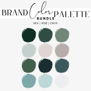 Rustgevend groen kleurenpalet voor kleine bedrijven, brandingontwerp, gedempte blauwe tinten, humeurige neutrale tinten, aardse greige tinten, hex-codes, RGB, CMYK