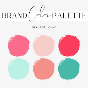 May include: Brand color palette with six color swatches in a circle. The colors are pink, light pink, red, light blue, coral, and teal.