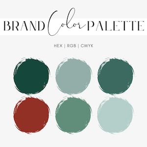 Puede incluir: Gráfico de paleta de colores de marca con seis círculos de color en tonos de verde, verde azulado y marrón rojizo. El texto "BRAND Color PALETTE" está en la parte superior, con "HEX | RGB | CMYK" debajo.
