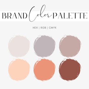 May include: A brand color palette graphic with the text "BRAND Color PALETTE" in black script. Six circular color swatches in shades of beige, gray, peach, and brown are displayed below the text. The color codes HEX, RGB, and CMYK are listed.
