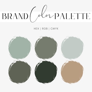 Puede incluir: Gráfico de paleta de colores de marca con el texto "BRAND Color PALETTE" en escritura negra. Se muestran seis muestras de color circulares en tonos de verde y marrón debajo del texto, con los códigos de color HEX, RGB y CMYK.