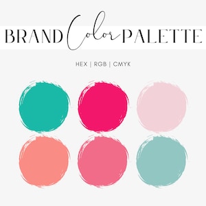 May include: Brand Colour Palette featuring six colour swatches: teal, pink, light pink, coral, salmon, and light blue.