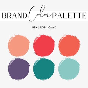 May include: Brand color palette with six color swatches. The colors are coral, red, orange, purple, teal, and light blue.