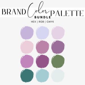 May include: A colour palette featuring 12 different shades of purple, green, and blue. The colours are shown in circles with a brushstroke effect. The text "BRAND Color PALETTE BUNDLE HEX | RGB | CMYK" is at the top of the image.